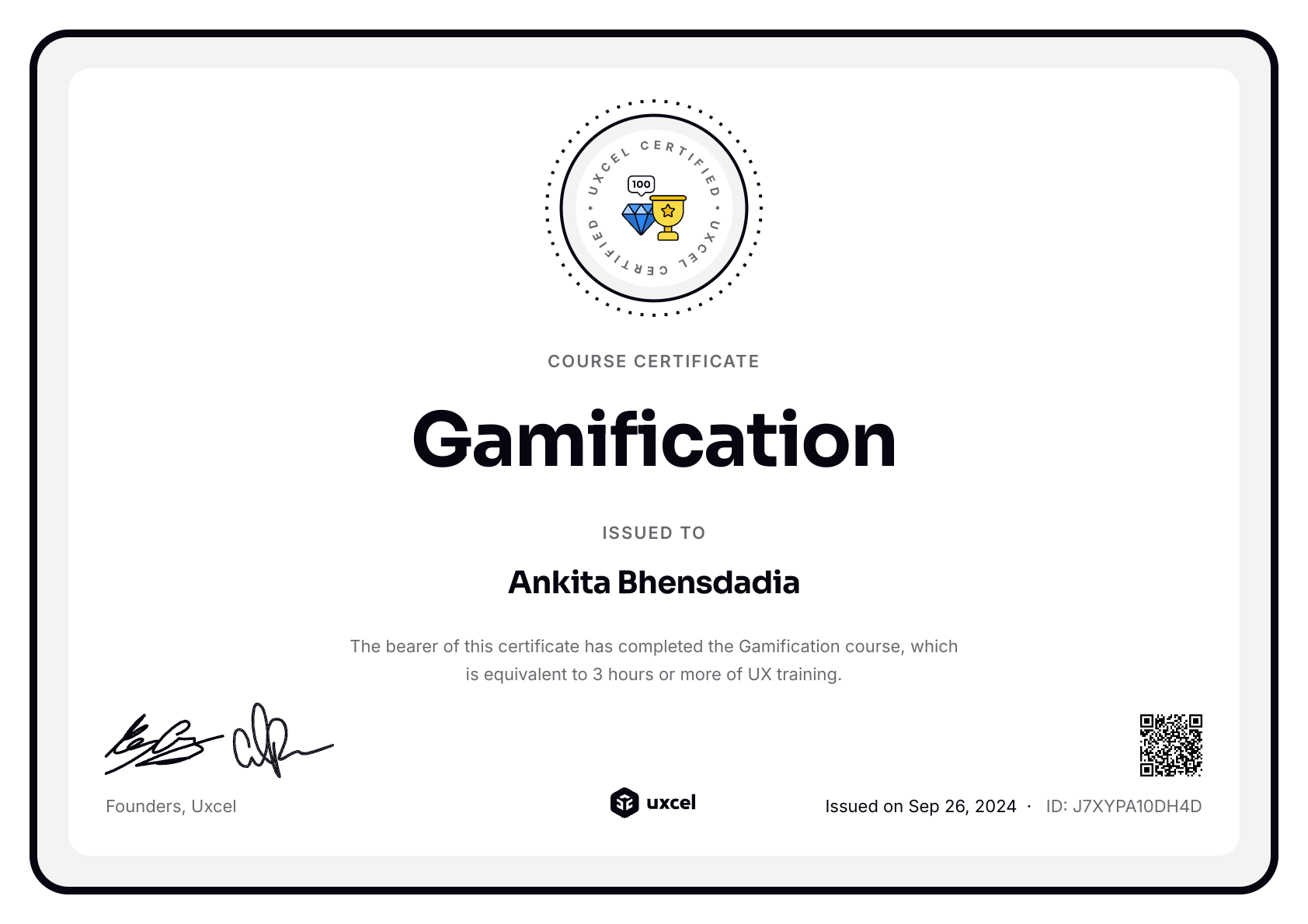 Ankita Bhensdadia's certificate